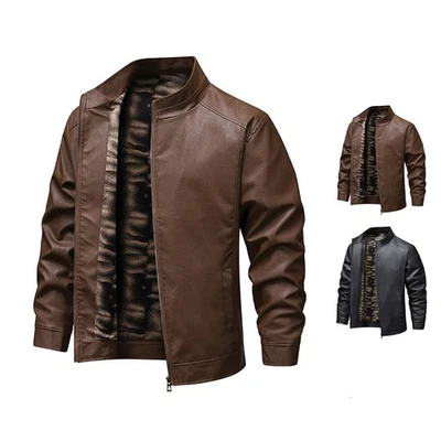 Size Chart Casual Wear Mens Leather Jacket Biker Coat Solid Color Pattern - Image 1 of 4