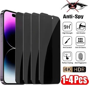 1/2/4 Pack for iPhone 16 15 14 Pro Max Privacy Tempered Glass Screen Protector - Picture 1 of 6