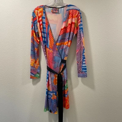 OREGON ANNIE Artwear Unique Wrap Dress Jersey Long Sleeve Abstract Multi - L - Imagem 1 de 4