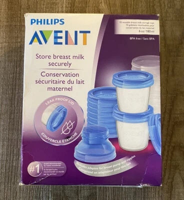 Vasos y tapas de almacenamiento de leche materna Philips Avent, 10 recipientes de 6 oz, SCF618/10 Foto 1 de 4
