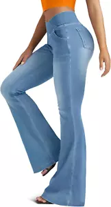 Knit Stretchy Jean Leggings for Women with Crossover High Waisted Bell Bottom Yo - Picture 1 of 12