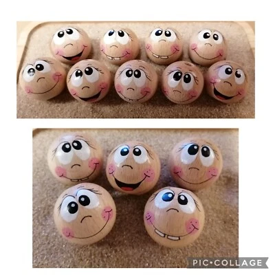 10x 25mm handbemalte Holzkugeln mit Gesicht, mit Loch, zum Basteln   - Bild 1 von 3