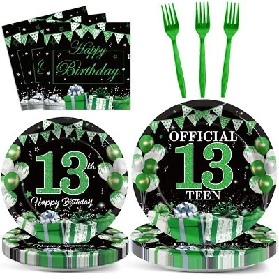 96 Piezas Decoraciones de 13 Cumpleaños para Niños Niñas Verde Plata 13 Cumpleaños Pla... Foto 1 de 4