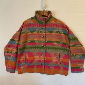 Womens Fleece Jacket Medium Pink Aztec Southwest Colorful Western Button Up - Picture 1 of 12