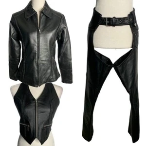 Vintage 90er Bikers Club Leder Reitset XS schwarz Jacke Chaps Weste Motorrad - Bild 1 von 24
