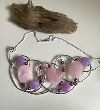 Silver Coloured Twisted Wire With Pink And Purple Beads Necklace