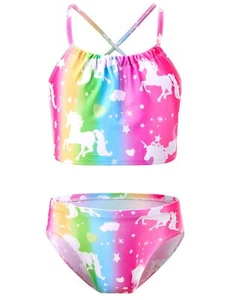 Bathing Suit for Girls 7-8 Years Old Colorful Unicorn Stripes Print Halter Tw... - Picture 1 of 6