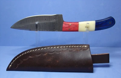 NEW ~CUSTOM HANDMADE DAMASCUS 8" FIXED BLADE RED WHITE BLUE WOOD AND BONE HANDLE - Image 1 of 4