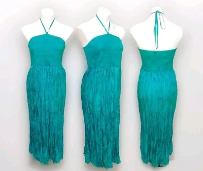 Maxi Vestido Maeve 100% Seda Daleka Azul Teal Calado Halter Arrugado Grande $168 Foto 1 de 4