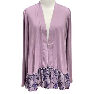 LOGO Lori Goldstein Open Front Top Rayon Kimono Purple White Artsy Chiffon M - Picture 1 of 12