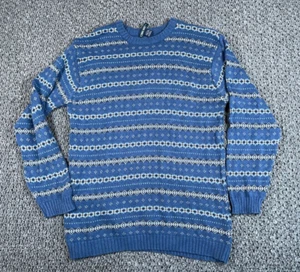 VTG Fair Isle Pattern Sweater Adult Large Blue Crewneck Chunky Cotton Knit Ski - Picture 1 of 12
