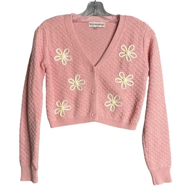 Willow & Wind Cardigan Womens XS Pink Daisy Floral Knit Cute V Nack Feminine - Image 1 of 4
