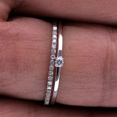 Stackable Wedding Band 10K Solid Gold 1mm Thin Natural Diamond Eternity Ring - Image 1 of 4