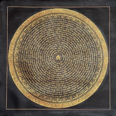 OM MANI PADME MANTRA  MANDALA- BLACK & GOLD OIL VARNISH TIBETAN THANGKA PAINTING - Image 1 of 4