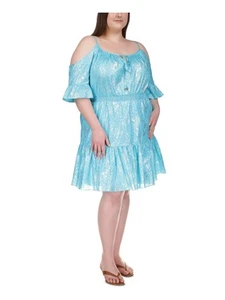 MICHAEL KORS Womens Aqua Waist Tie Lined Elbow Sleeve Split Dress Plus 0X - Picture 1 of 11
