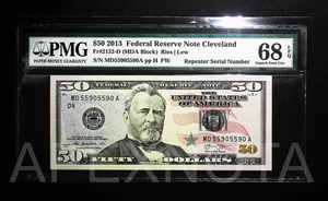 [REPEATER S/N] FRN $50 2013 FR2132D PMG 68 SUPERB GEM UNC EPQ FANCY NO. 55905590 - Picture 1 of 4