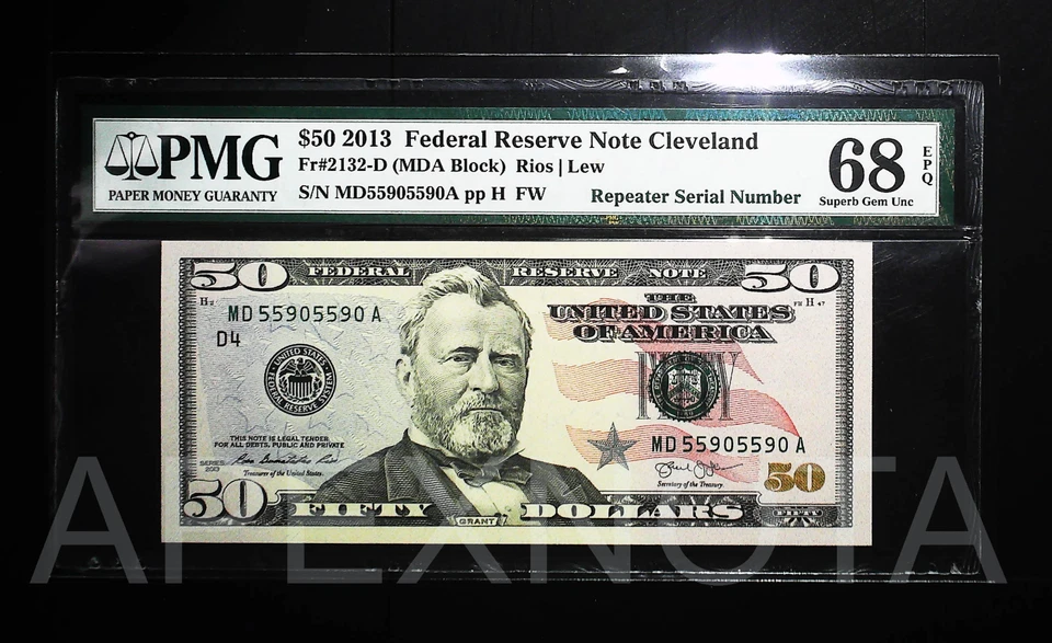 [REPEATER S/N] FRN $50 2013 FR2132D PMG 68 SUPERB GEM UNC EPQ FANCY NO. 55905590 - Image 1 of 4