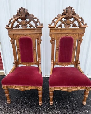 Pair Antique Gothic Revival Cathedral Chair Walnut Red Velvet Castle Hall Church - Image 1 of 4