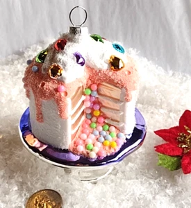 Christmas Ornament FOUR-LAYER SPILL CAKE Glass SURPRISE DESSERT CAKE 4" - Picture 1 of 7