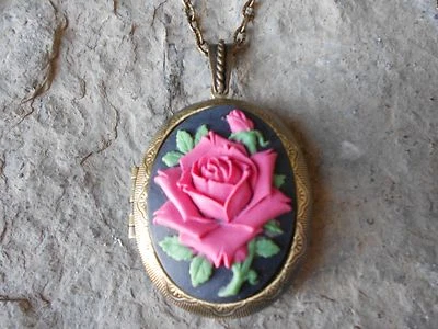 PINK ROSE CAMEO LOCKET (ON BLACK)- ANTIQUE BRONZE, VINTAGE LOOK, UNIQUE - Image 1 of 4