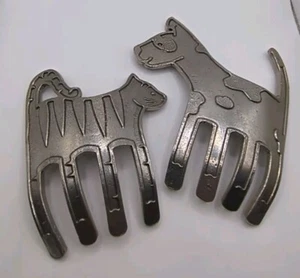 Vintage Crosby & Taylor Tin Woodsman Pewter Salad Servers Cat & Dog RARE - Picture 1 of 6