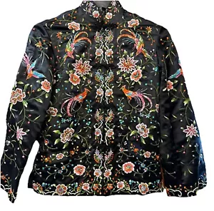 160 VTG CHINESE Frog Black Embroidered BIRDS JACKET PLUM BLOSSOM 32 Xs Silk - Picture 1 of 10