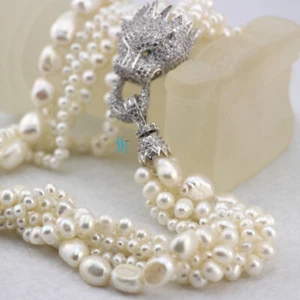 20 Zoll 4-10 mm Weiß 5 Reihen Süßwasser Perlen Halskette Strang Schmuck Leopard Kopf  - Bild 1 von 5