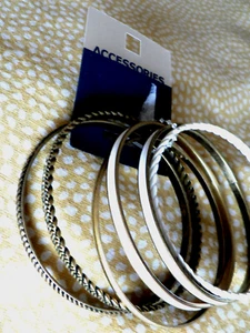 New Set of 6 Thin Ivory and Brass Coloured Bangles Various textures - Picture 1 of 3