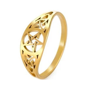 Celtic Pentacle Ring Gold Plated Stainless Steel Protection Star Trinity Band - Picture 1 of 3