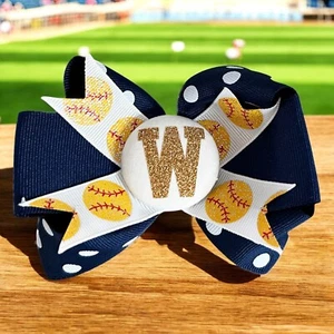 Choose your Colors Glitter Softball Hair Bow, Ponytail or Clip, Initial, Girls - Picture 1 of 10