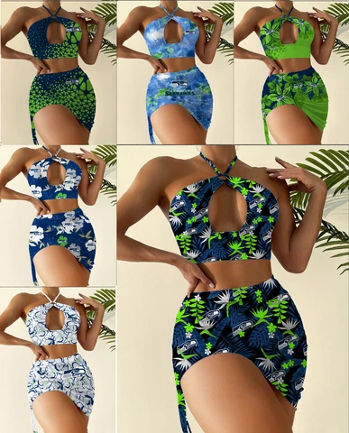 Seattle Seahawks 2pcs Halter Neck Bikini Set Slim Cutout Swimsuit Sexy Bodycon Cover