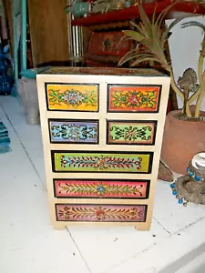 INDIAN MANYA HAND PAINTED SEVEN DRAWER WOODEN CHEST/ DRAWERS - Picture 1 of 17