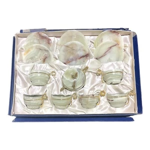 Vintage ONYX & Messing 6er Set Expresso Tassen & Untertassen Sets mit Zuckerdose & Deckel - Bild 1 von 16