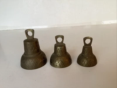Vintage Set Of 3 Sarna Bells Of India Brass Indian Etched Bells In Various Sizes - Image 1 of 4