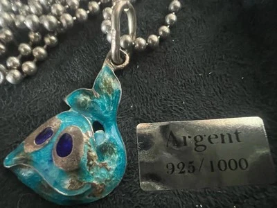 🔴 Collana ARGENTO MASSICCIO 925 con ciondolo pesce smalti azzurri vintage - Immagine 1 di 4