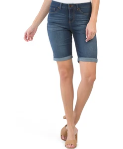 djeans shorts BERMUDA fitted stretchy women roll up high waist blue CHOOSE SIZE - Picture 1 of 9