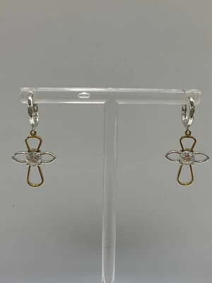 9ct 9k Two Tone Gold Dangle Cross Hoop Earrings 3.8 Grams. Brand New - Image 1 of 4