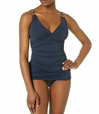 Michael Kors Over the Shoulder Twist Tankini Swim Top- Chain Underwire- Navy, L - Image 1 of 3