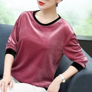 Pleuche Women Velvet Basic T-shirts Tops Blouse Loose Shirts Retro Crew Neck - Picture 1 of 18