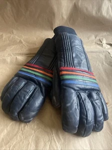 Vintage Men’s Large Grandoe Navy Blue Leather Ski Gloves - Picture 1 of 9