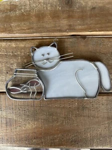 White Cat With orange Goldfish stained glass suncatcher. - Picture 1 of 2