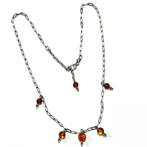 925 Solid Sterling Silver Cognac Baltic Amber Designer Beads Nice Necklace 18 in - Picture 1 of 5