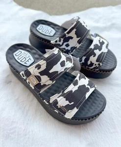 HEY DUDE Delray Platform Whipstitch Adj Strap Slide, Black/White/Cow, 41762, 8M - Picture 1 of 10