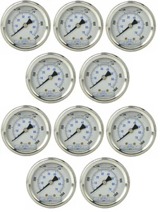 10 PACK LIQUID FILLED PRESSURE GAUGE 0-1000 PSI, 2" FACE, 1/4" BACK MOUNT - Picture 1 of 3