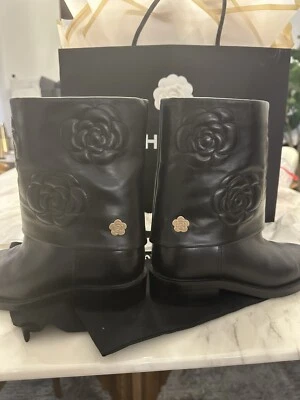 Chanel Black Short Boots Size 36.5 with Embossed Camellias K G31923 - Image 1 of 4