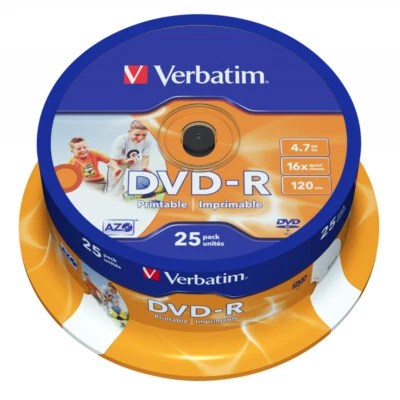 25 DVD-R Verbatim Printable ID Brand 4,7GB 16x Print STAMPABILI Cake Box 43538 - Immagine 1 di 4