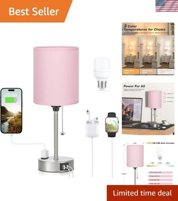 Lámpara de mesa rosa moderna con cadena de carga y tracción USB para mesitas de noche elegantes Foto 1 de 4