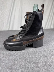 Louis Vuitton Boots Womens Size 38.5 EU Laureate Monogram Suede Leather Combat - Picture 1 of 20