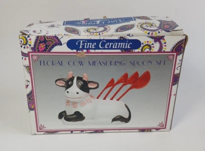 Ceramic Country Floral Black White Cow Kitchen Measuring Spoon Set Holder New - Image 1 of 2