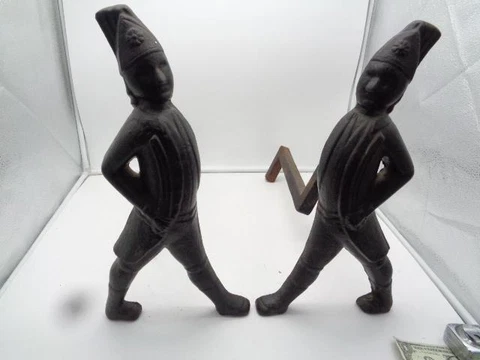 Antique Pair Marching Cast Iron Hessian Soldiers 16.5" Tall Fireplace Andirons Cover